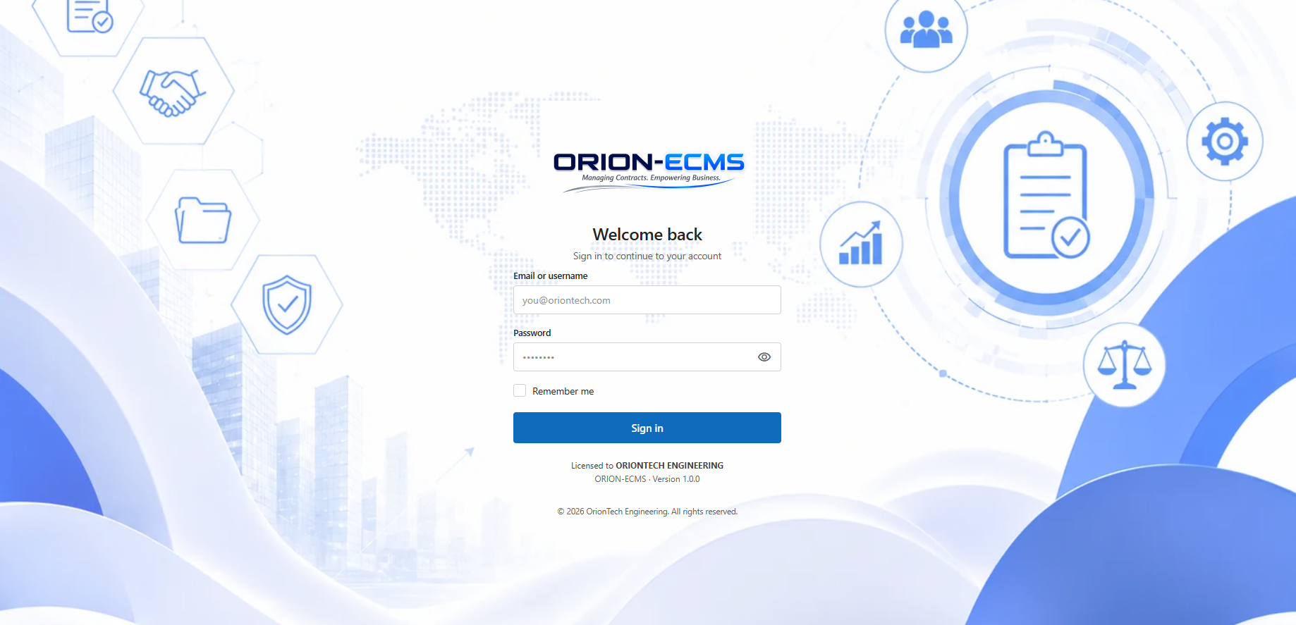 ORION-ECMS secure sign-in screen